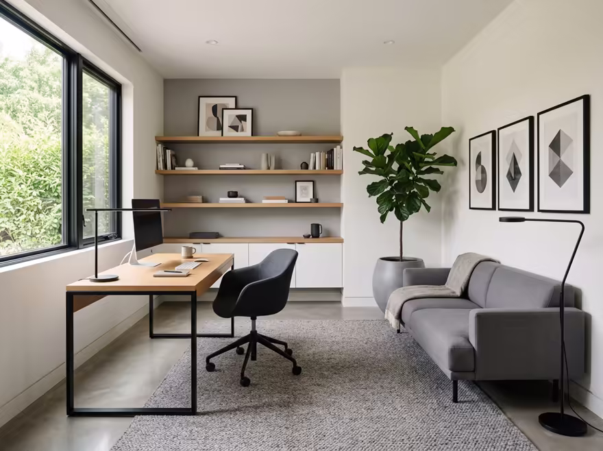 AI-generated modern home office interior design: clean-lined contemporary furniture