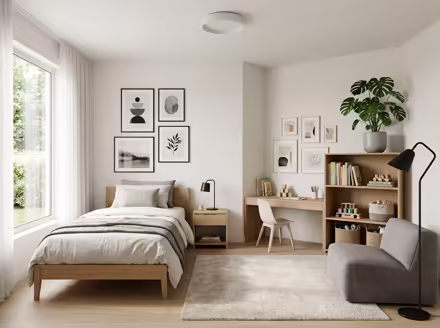 AI-generated modern kids room interior design: clean-lined contemporary furniture