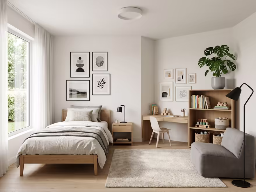 AI-generated modern kids room interior design: clean-lined contemporary furniture