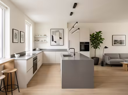 AI-generated modern kitchen interior design: clean-lined contemporary furniture