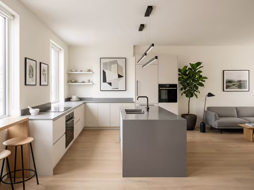 AI-generated modern kitchen interior design: clean-lined contemporary furniture