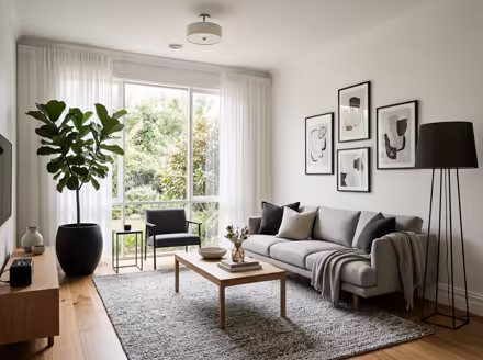 AI-generated modern living room interior design: clean-lined contemporary furniture