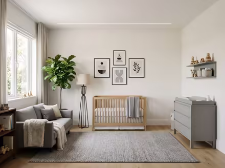 AI-generated modern nursery interior design: clean-lined contemporary furniture