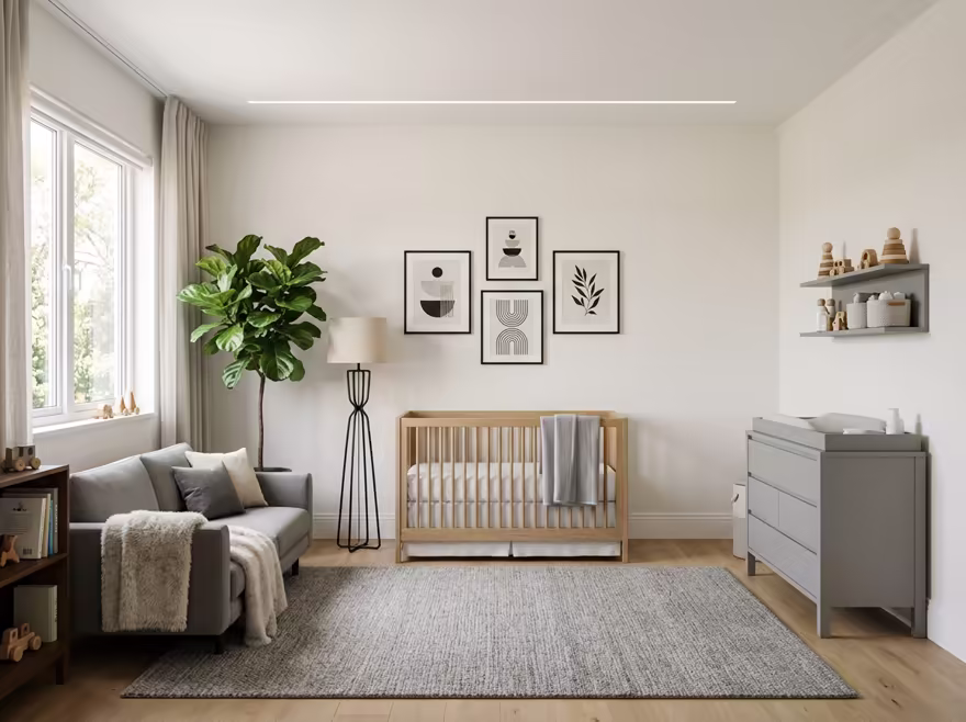 AI-generated modern nursery interior design: clean-lined contemporary furniture