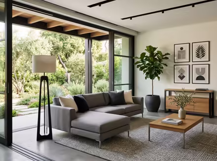 AI-generated modern patio interior design: clean-lined contemporary furniture