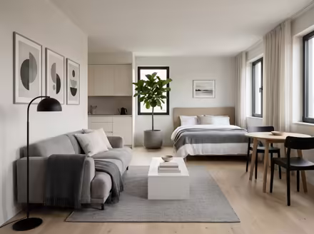 AI-generated modern studio apartment interior design: clean-lined contemporary furniture
