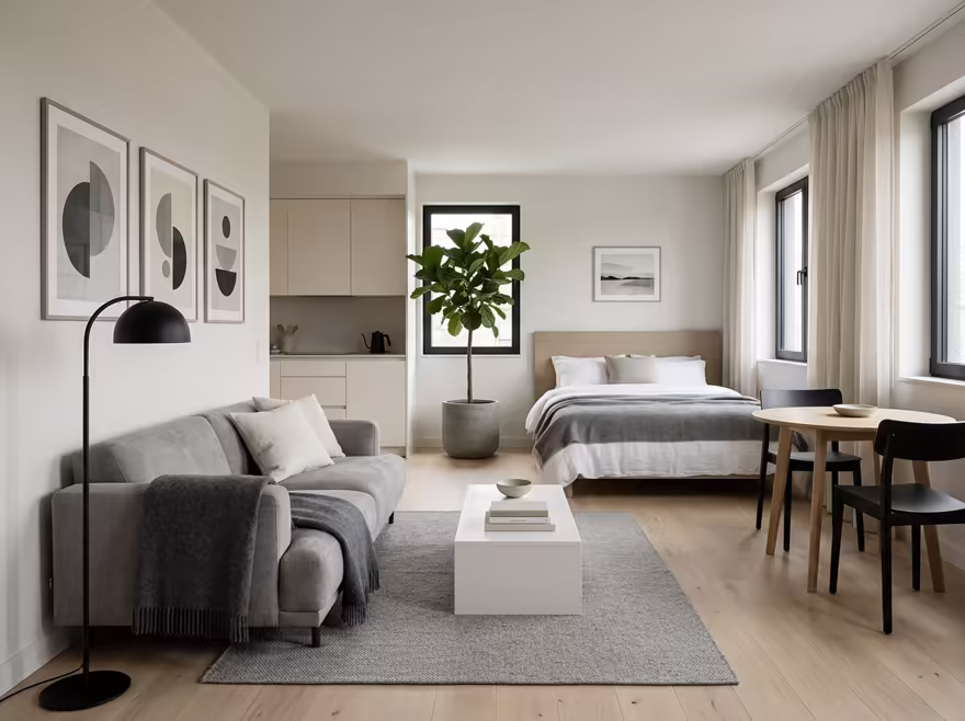 AI-generated modern studio apartment interior design: clean-lined contemporary furniture