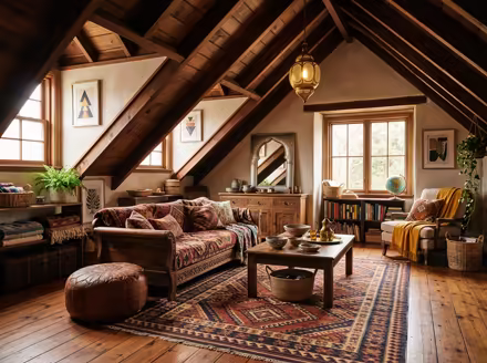 AI-generated moroccan attic interior design: low carved-wood furniture