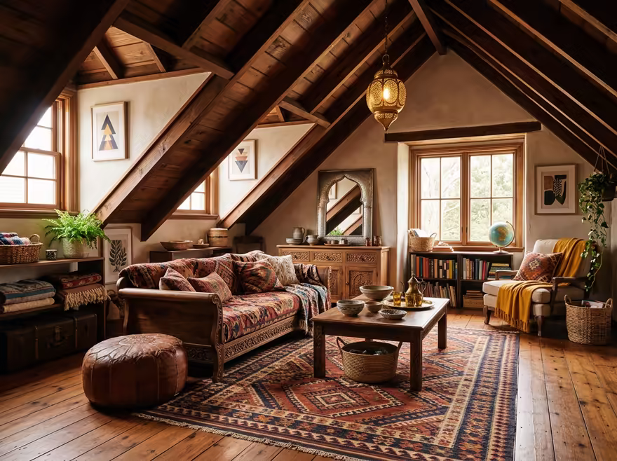 AI-generated moroccan attic interior design: low carved-wood furniture
