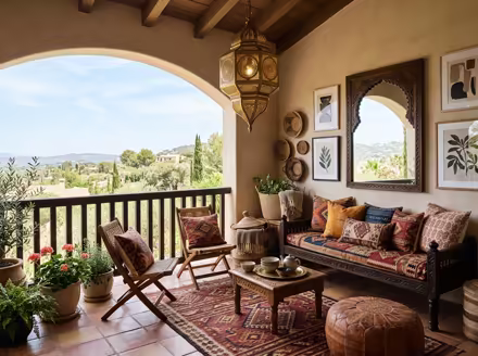 AI-generated moroccan balcony interior design: low carved-wood furniture