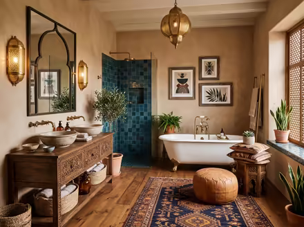 AI-generated moroccan bathroom interior design: low carved-wood furniture