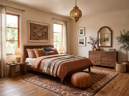 AI-generated moroccan bedroom interior design: low carved-wood furniture
