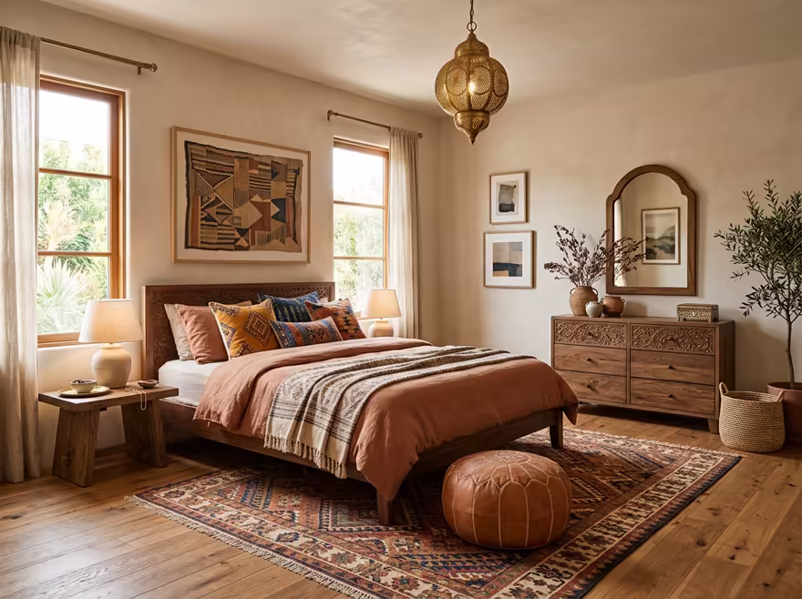 AI-generated moroccan bedroom interior design: low carved-wood furniture