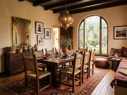AI-generated moroccan dining room interior design: low carved-wood furniture