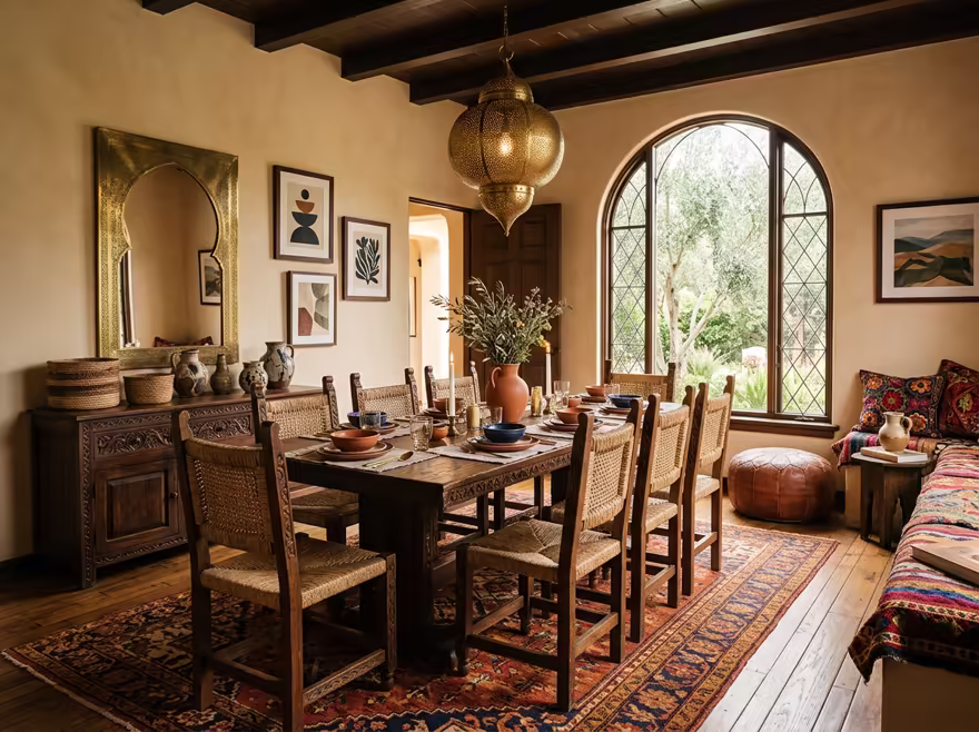 AI-generated moroccan dining room interior design: low carved-wood furniture