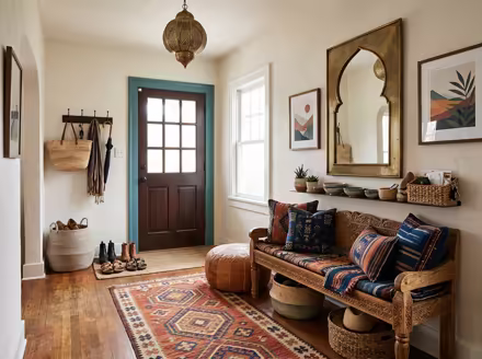 AI-generated moroccan entryway interior design: low carved-wood furniture