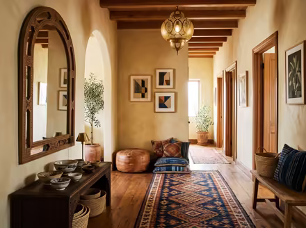 AI-generated moroccan hallway interior design: low carved-wood furniture