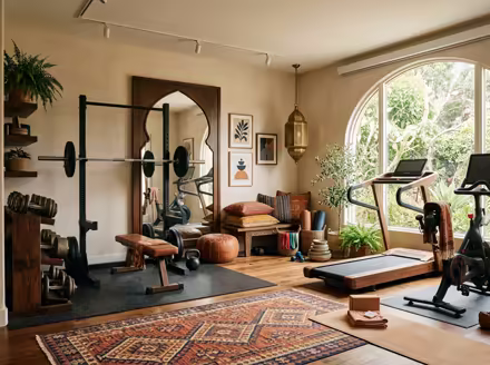 AI-generated moroccan home gym interior design: low carved-wood furniture