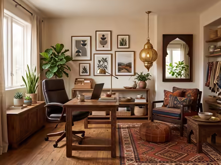 AI-generated moroccan home office interior design: low carved-wood furniture