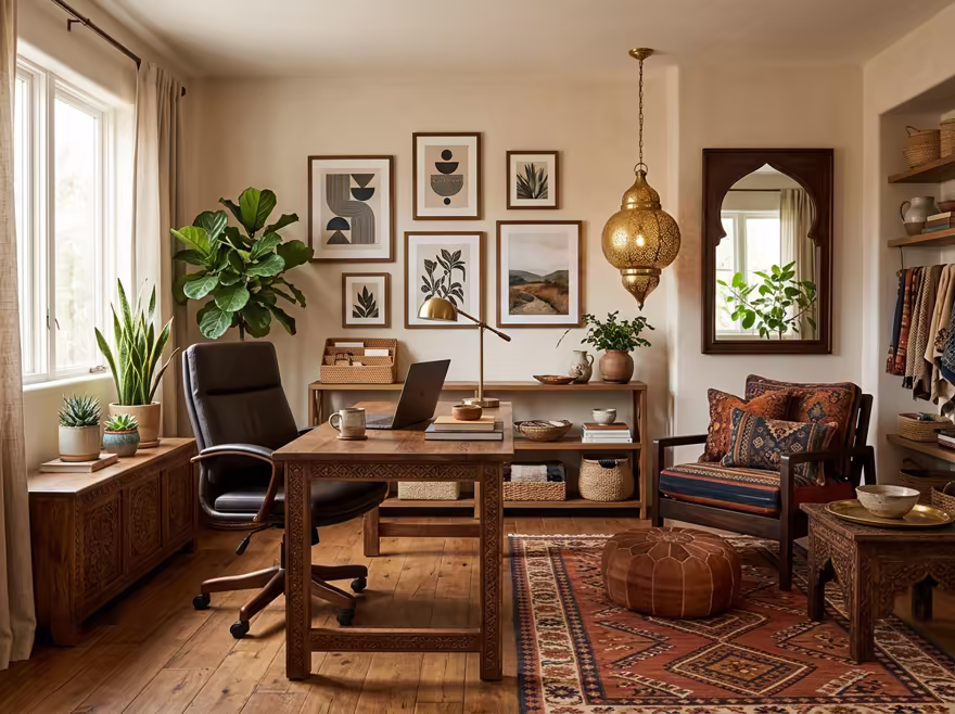 AI-generated moroccan home office interior design: low carved-wood furniture