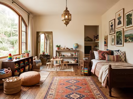 AI-generated moroccan kids room interior design: low carved-wood furniture