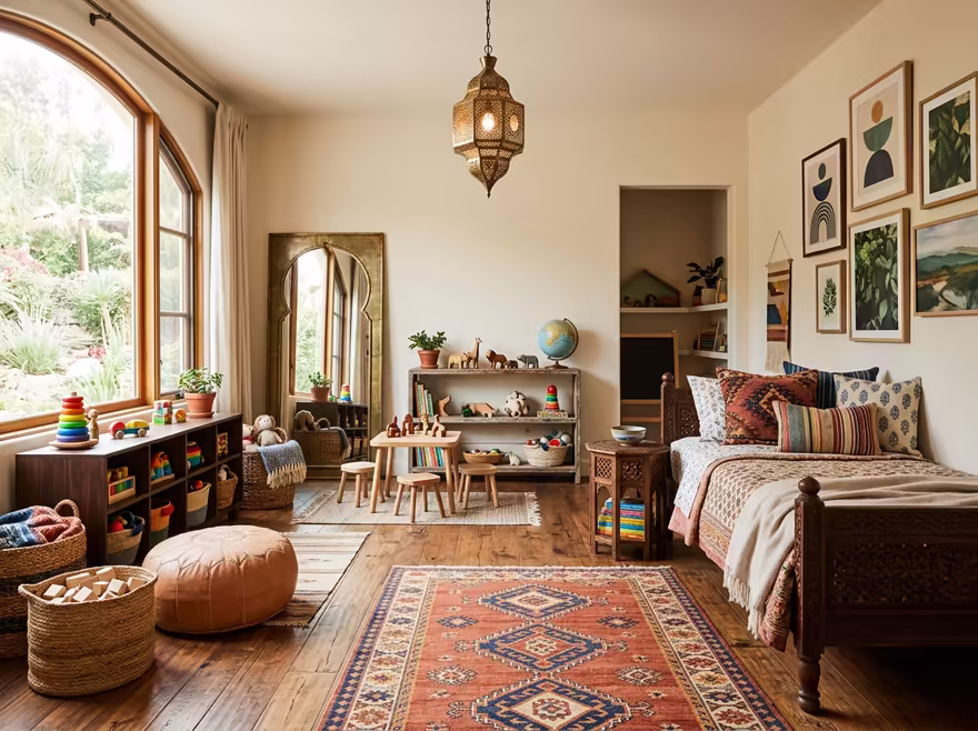 AI-generated moroccan kids room interior design: low carved-wood furniture