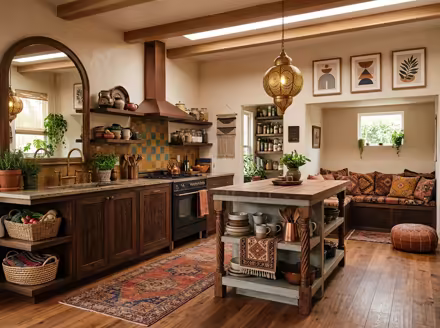 AI-generated moroccan kitchen interior design: low carved-wood furniture