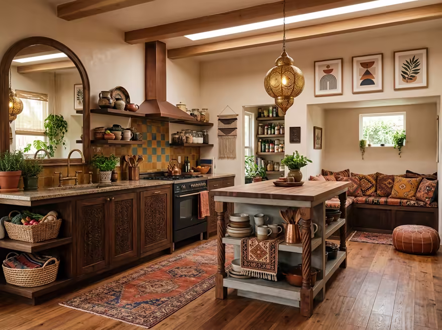 AI-generated moroccan kitchen interior design: low carved-wood furniture