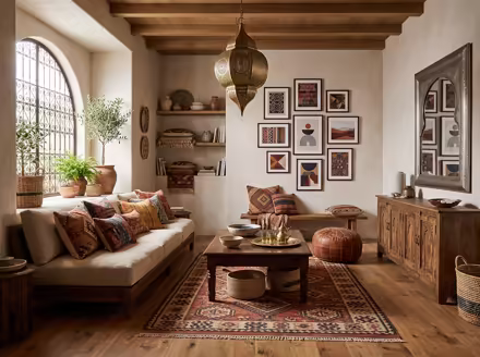 AI-generated moroccan living room interior design: low carved-wood furniture