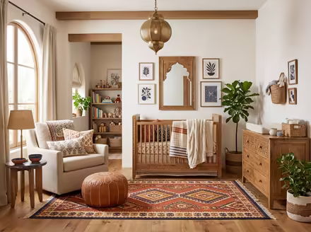 AI-generated moroccan nursery interior design: low carved-wood furniture