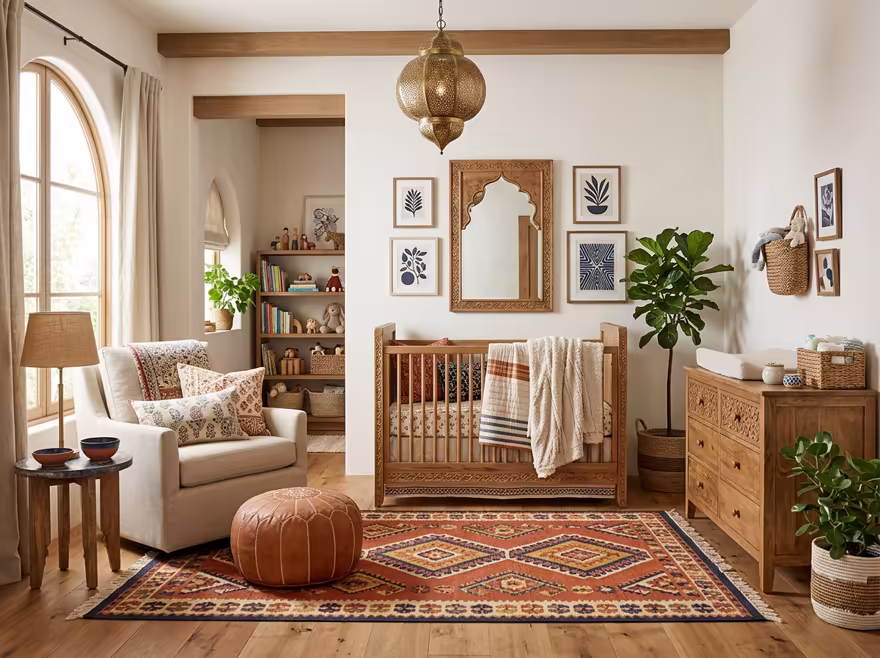 AI-generated moroccan nursery interior design: low carved-wood furniture