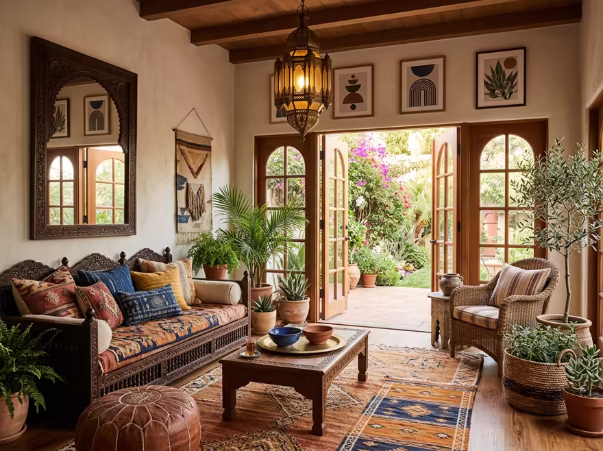 AI-generated moroccan patio interior design: low carved-wood furniture
