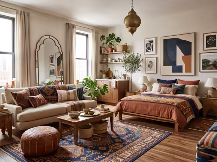 AI-generated moroccan studio apartment interior design: low carved-wood furniture