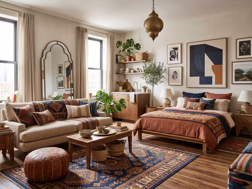 AI-generated moroccan studio apartment interior design: low carved-wood furniture