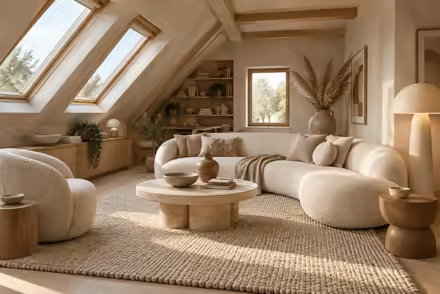 AI-generated organic modern attic interior design: soft shape everywhere: one curved sculptural sofa in cream boucle