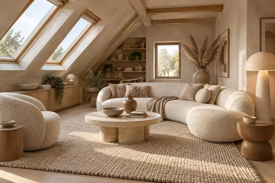 AI-generated organic modern attic interior design: soft shape everywhere: one curved sculptural sofa in cream boucle