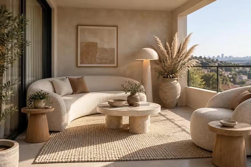 AI-generated organic modern balcony interior design: soft shape everywhere: one curved sculptural sofa in cream boucle