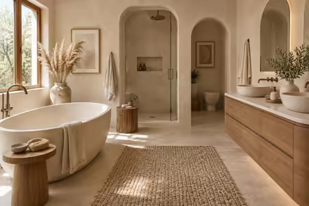 AI-generated organic modern bathroom interior design: soft shape everywhere: one curved sculptural sofa in cream boucle