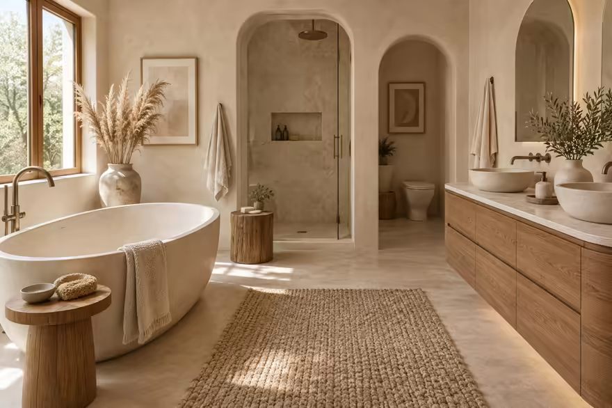 AI-generated organic modern bathroom interior design: soft shape everywhere: one curved sculptural sofa in cream boucle