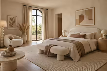 AI-generated organic modern bedroom interior design: soft shape everywhere: one curved sculptural sofa in cream boucle