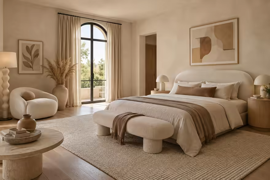 AI-generated organic modern bedroom interior design: soft shape everywhere: one curved sculptural sofa in cream boucle