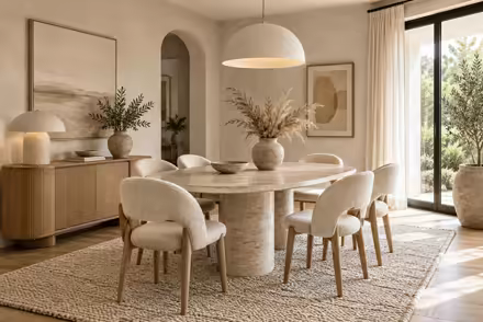 AI-generated organic modern dining room interior design: soft shape everywhere: one curved sculptural sofa in cream boucle