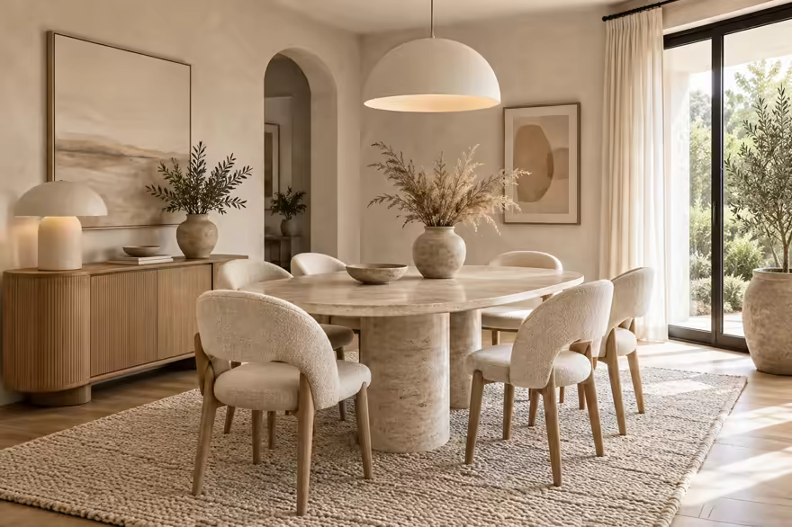 AI-generated organic modern dining room interior design: soft shape everywhere: one curved sculptural sofa in cream boucle