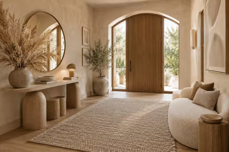 AI-generated organic modern entryway interior design: soft shape everywhere: one curved sculptural sofa in cream boucle
