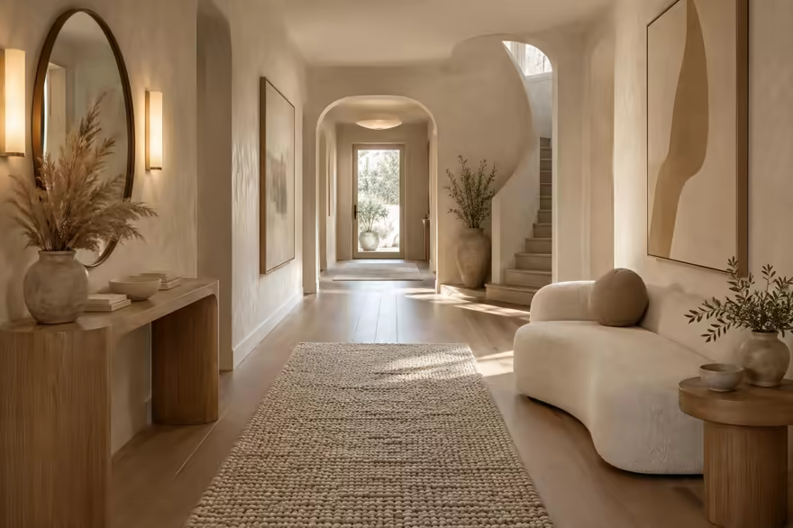 AI-generated organic modern hallway interior design: soft shape everywhere: one curved sculptural sofa in cream boucle