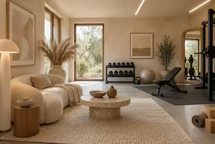 AI-generated organic modern home gym interior design: soft shape everywhere: one curved sculptural sofa in cream boucle