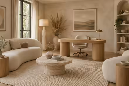AI-generated organic modern home office interior design: soft shape everywhere: one curved sculptural sofa in cream boucle