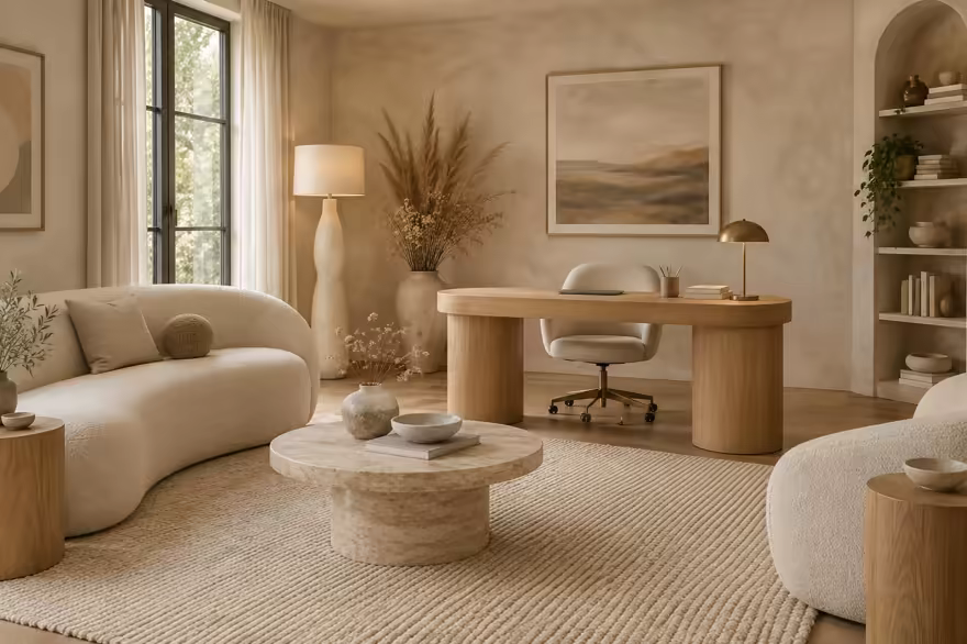 AI-generated organic modern home office interior design: soft shape everywhere: one curved sculptural sofa in cream boucle