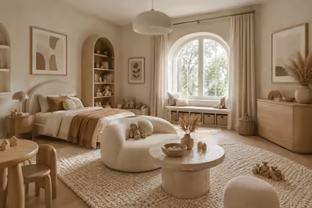 AI-generated organic modern kids room interior design: soft shape everywhere: one curved sculptural sofa in cream boucle