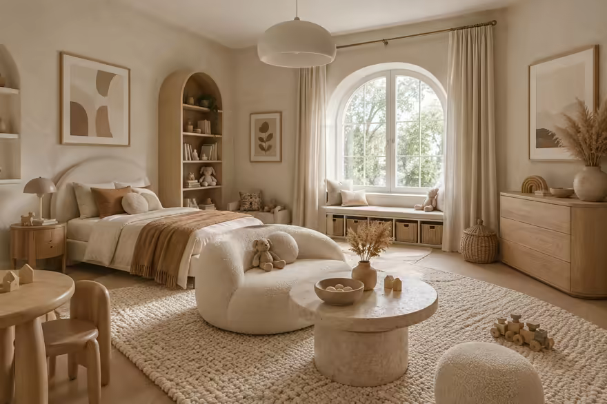 AI-generated organic modern kids room interior design: soft shape everywhere: one curved sculptural sofa in cream boucle